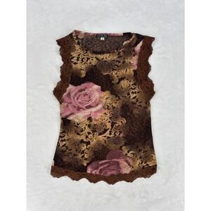 Heart Moon Star Lace Trim Floral Tank Top Womens Size M Brown Pink Fairycore
